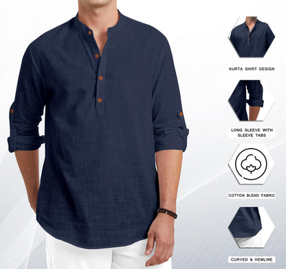 Royalscout Men Cotton Blend Full Sleeve Short Kurta Navy