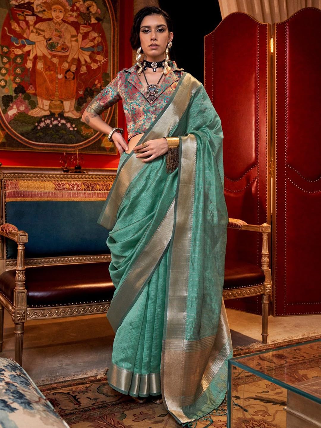 Madhuhansh Womens Soft Linen Saree With Unstitched Multicolor Paisley Blouse Piece Saree With Satin Border Comfortable Skin Frie