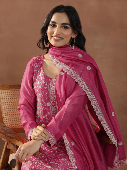 Libas Womens Embroidered Silk Blend Straight Kurta With Palazzos And Dupatta
