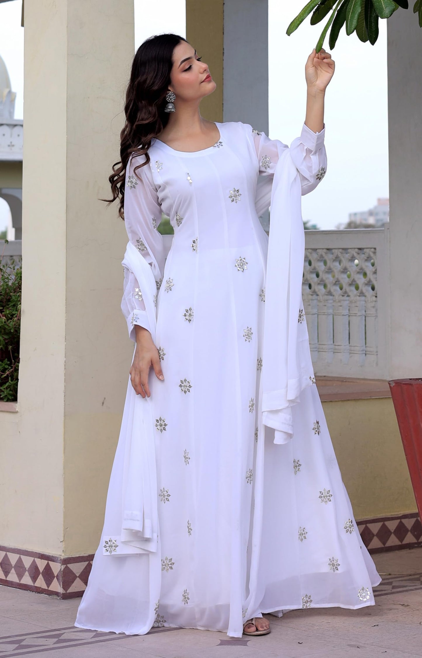 Fashion Basket Georgette Embroidered Gown for Women White