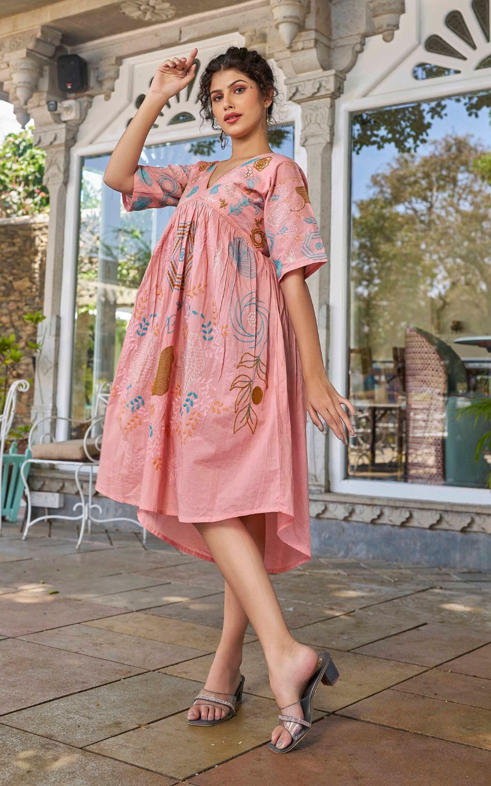 Kesudi WomenS Pure Cotton Heavy Embroidery Pink Tunic