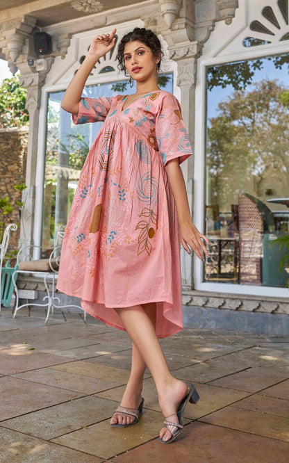 Kesudi WomenS Pure Cotton Heavy Embroidery Pink Tunic