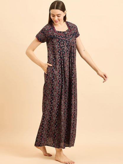 Sweet Dreams Women Printed Night Dress Navy Blue