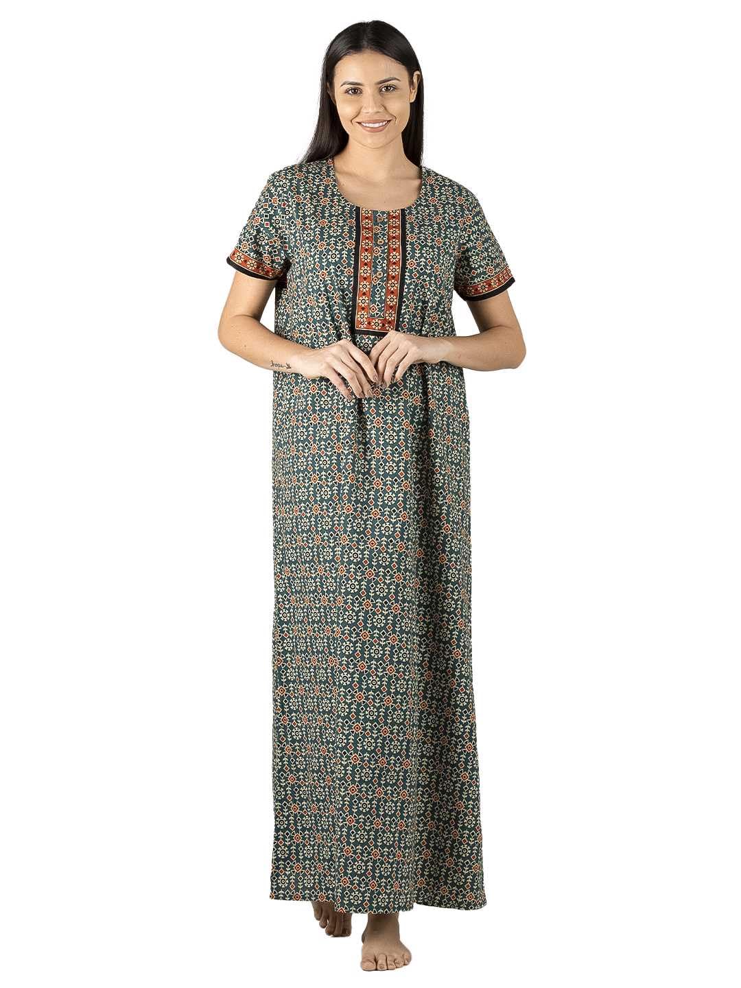 Evolove WomenS Cotton Long Maxi Night Gown Nighty Dress With Pocket & Stylish Button, Super Soft Comfortable (Light Teal & Oran