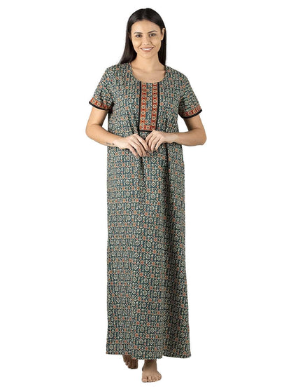 Evolove WomenS Cotton Long Maxi Night Gown Nighty Dress With Pocket & Stylish Button, Super Soft Comfortable (Light Teal & Oran