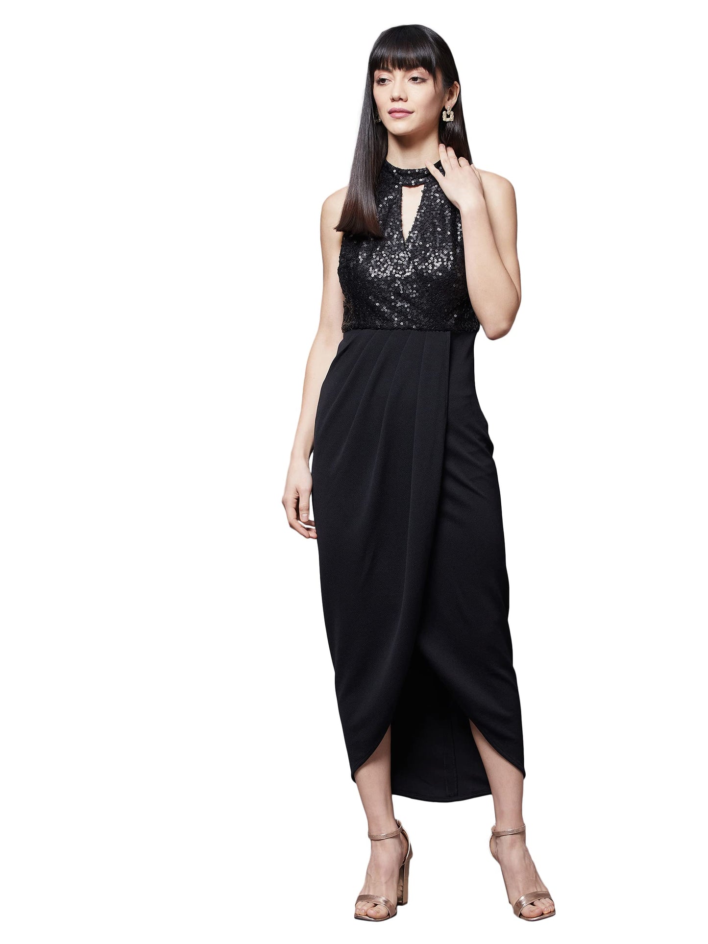 Miss Chase Womens Halter Neck Sleeveless Embellished Midi Dress (MCAW24D95-66-62-06, Black, XL)