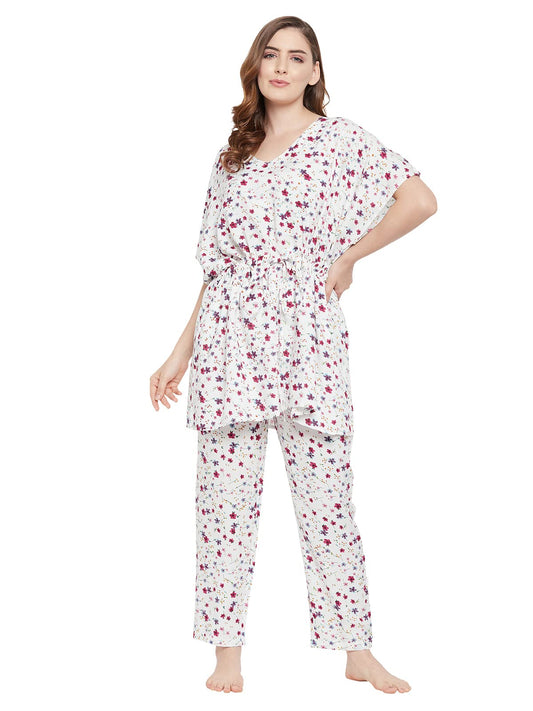 Clovia WomenS Rayon Pretty Florals Kaftan Top & Pyjama Set (Ls0592P18_White_L)