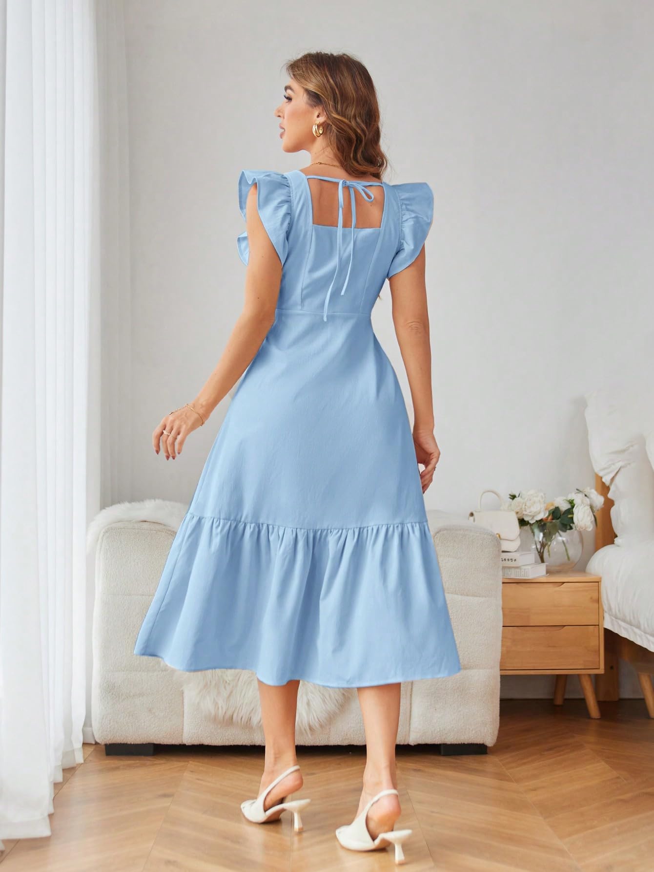 Shasmi GirlS & WomenS Solid Baby Blue Color Square Neck, Ruffle-Trimmed Hem Sleeveless, Ruffle Armhole And Casual Dress With C