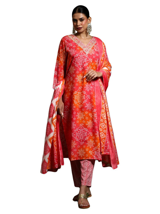 Varanga Women Bandhani Printed V Neck Kurta With Trouser & Dupatta Orange