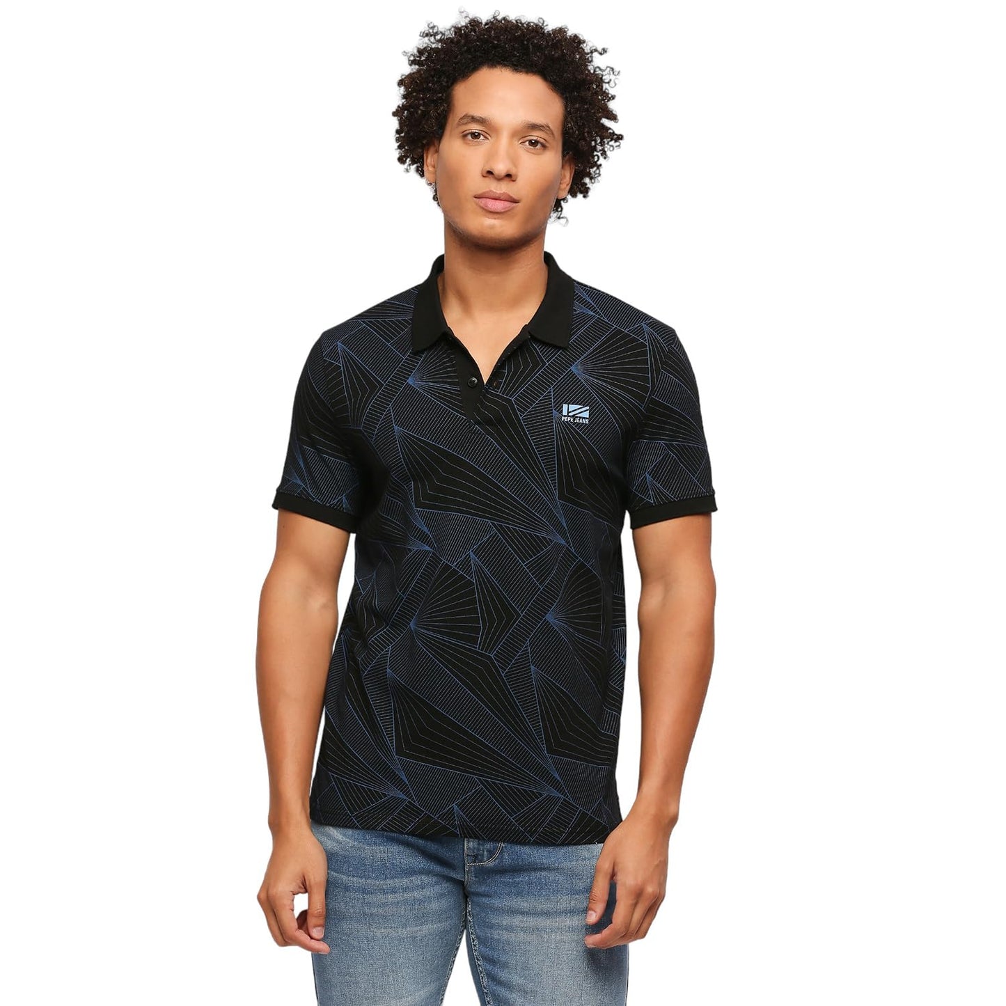 Pepe Jeans Men Cotton Regular Fit Printed Polo T-Shirts Black, Small