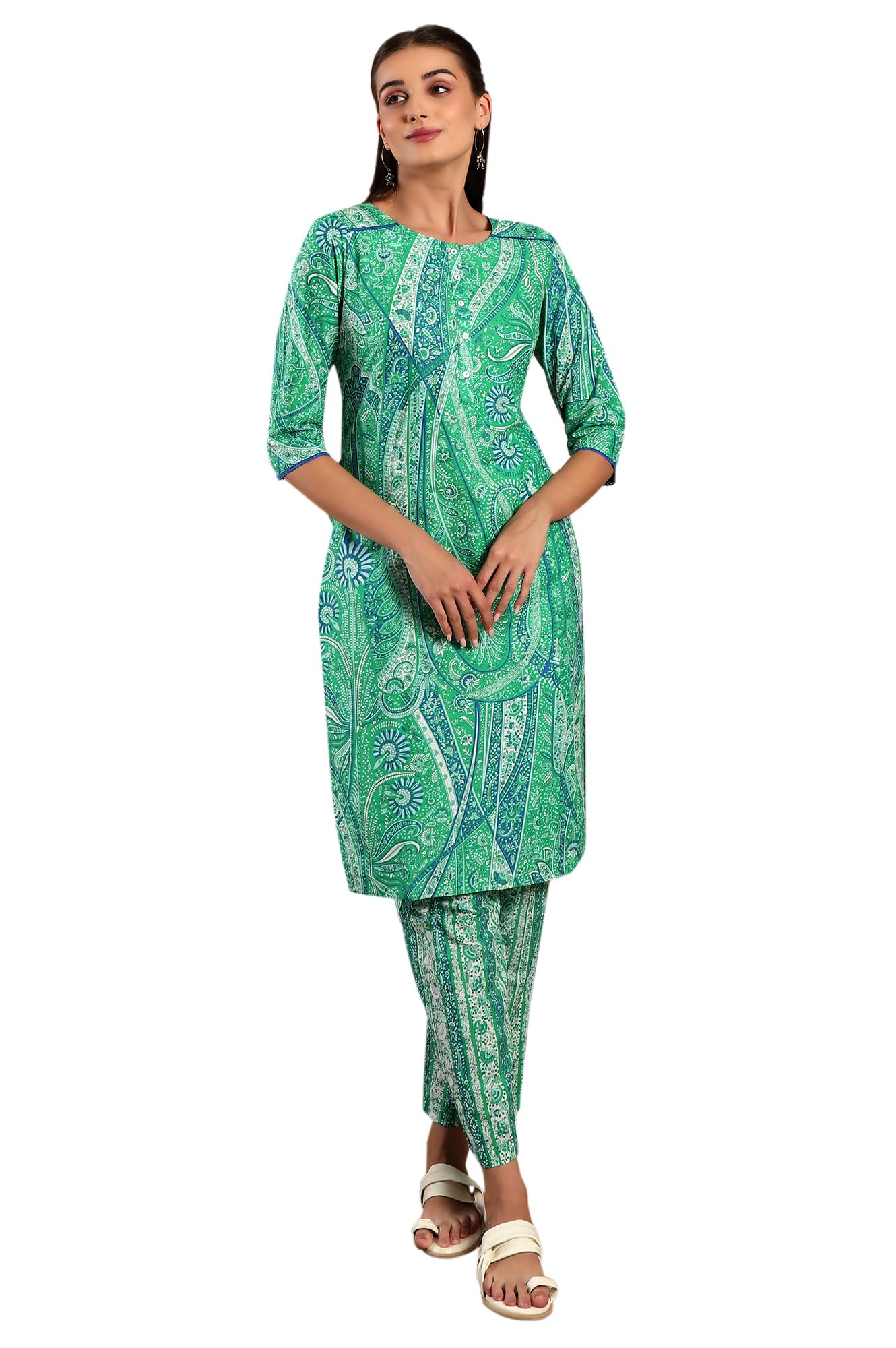 W for Woman Dark Green Paisley Printed Cotton Kurta and Pant Set