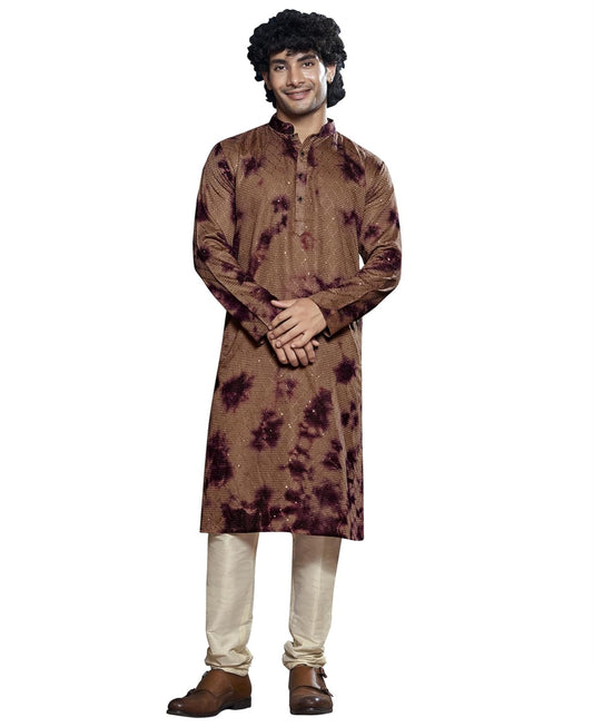 Vardha MenS Viscose Sequence Stitched Kurta, Flowy Wine Pattern Shibori Dyed Ethnic Kurtas For Men, Mandarin Collar, Pearl Butt