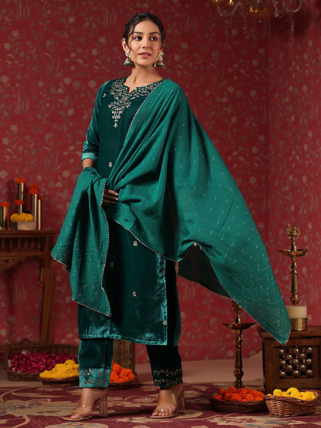 ishin Womens Velvet Ethnic Motifs Zari Teal Straight Kurta Suit Set with Trousers and Dupatta