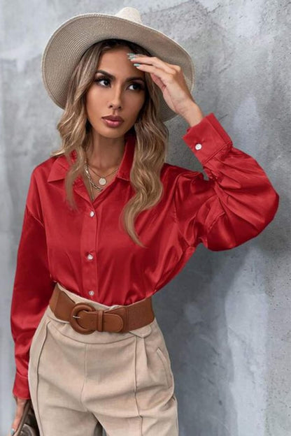 POPWINGS Women Polyester Solid Satin Shirt | Satin Shirts Stylish Western| Regular Fit and Full-Sleeves Casual and Semi-Formal S