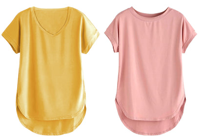 Fabricorn Combo Of Plain Mustard Yellow V-Neck And Dusty Rose Round Neck Up And Down Cotton Tshirt For Women (Mustard Yellow And