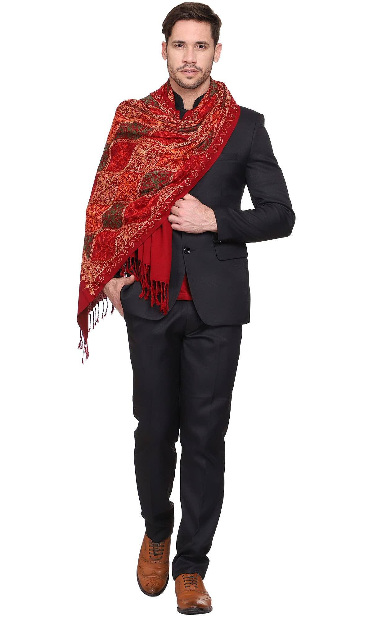 Weavers Villa Mens Matka Embroided Cashmilon Gents Shawls, Stoles, Muffler for Men, 70cm x 200cm