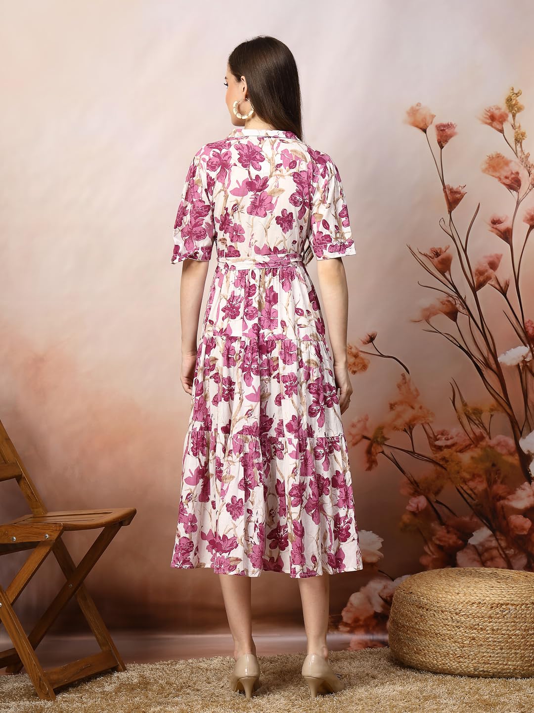 Stylum Womens Magenta Floral Printed Cotton Flared Dress