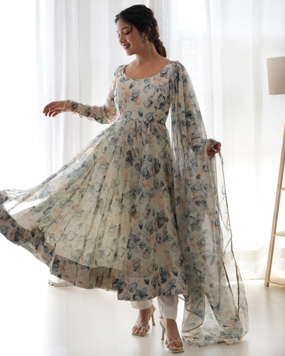 Women Floral Print Anarkali Kurta with Pant and Duptta (Medium, White-Beige)