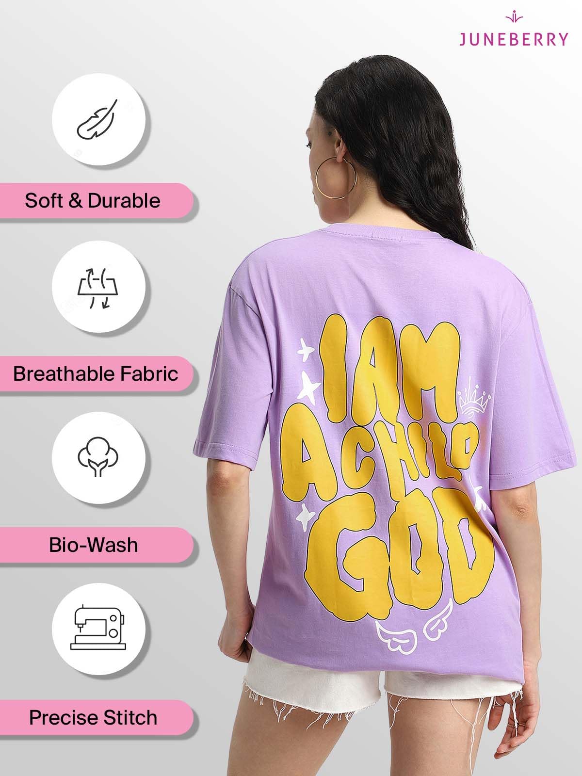 Juneberry Pure Cotton Round Neck Half Sleeve Oversized Baggy Fit Drop Shoulder Back Printed Purple T-Shirt For Women (Os_J_Imchl
