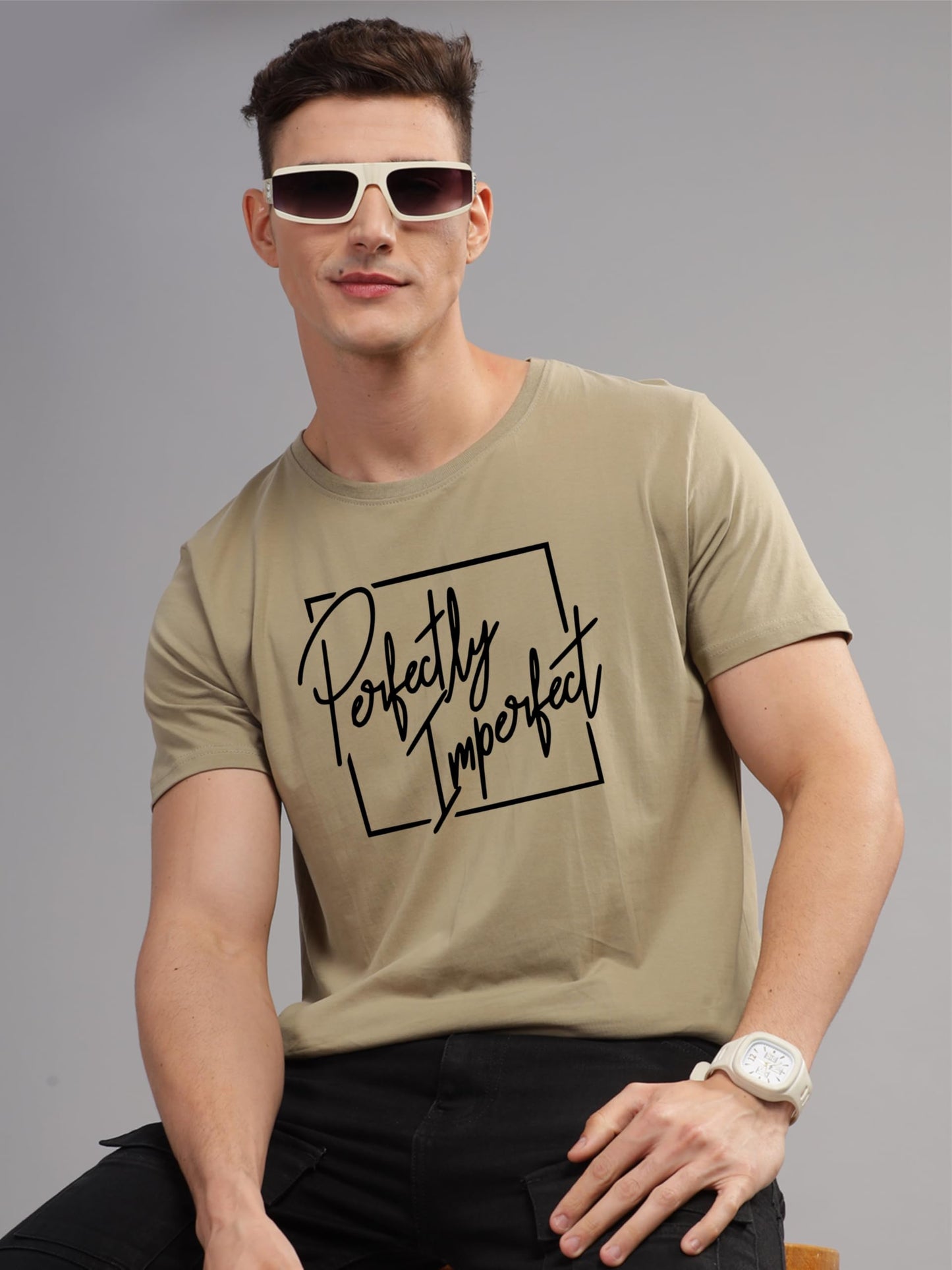 ADRO Mens Printed T Shirt - Premium Cotton Graphic Printed Tshirt - Beige T-Shirt - RN24-FECT-BE