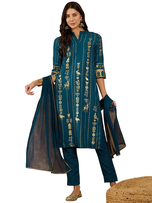 ZIYAA Women Women's Teal Blue Rayon Kurta, Pant And Dupatta Set