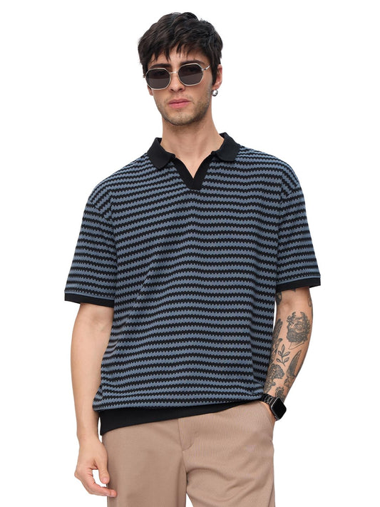 The Souled Store Jacquard Polo: Twilight Men and Boys Short Sleeves Collared Neck Striped Cotton Oversized Polos