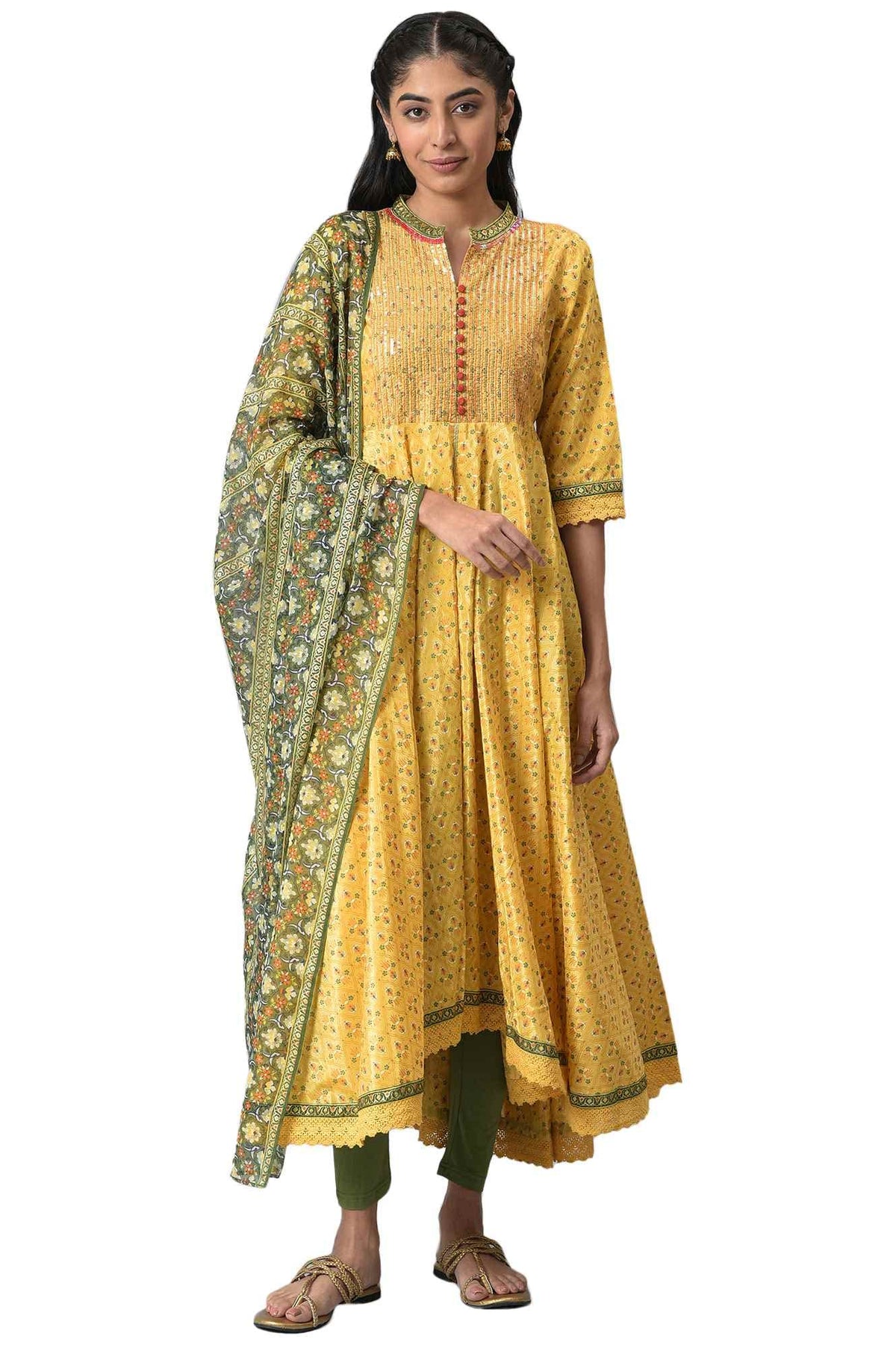 Aurelia Women Yellow Floral Printed Kurta With Green Tights And Dupatta_22Aud10440-505690_S