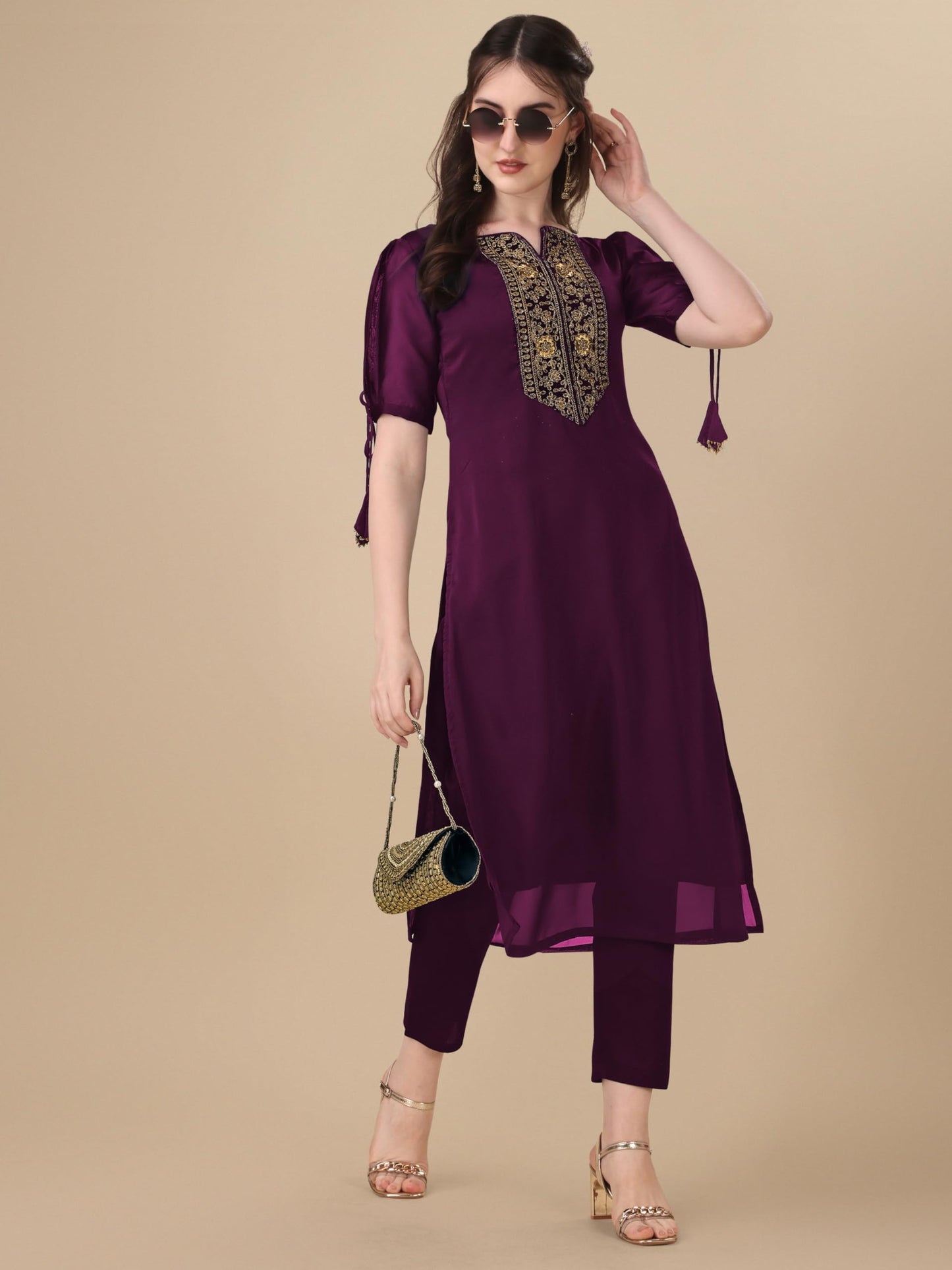 Goroly WomenS Silk Blended Solid Embroidered Pattern Straight Cut Kurta Pant With Puff Sleeve V-Neck Ankle Length And A-Line St