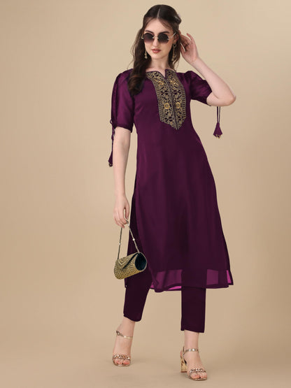 Goroly WomenS Silk Blended Solid Embroidered Pattern Straight Cut Kurta Pant With Puff Sleeve V-Neck Ankle Length And A-Line St