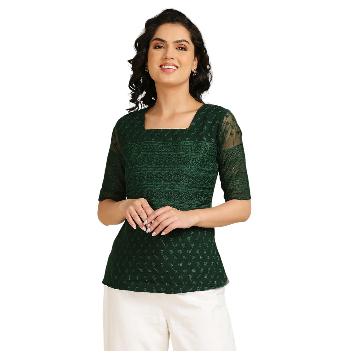 Gufrina WomenS Georgette Top With 3/4Th Sleeves Square Neck Embroidery Work Solid Pattern Regular Fit And Standard Length