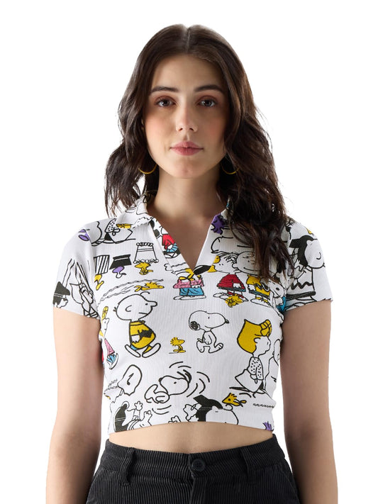 The Souled Store Official Peanuts: Playtime Women and Girls Short Sleeve All Over Print Slim Fit Cropped Polos White