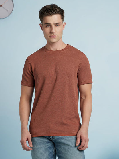 Dennis Lingo Men Cotton Blend Regular Fit Solid Textured T-Shirts Rust