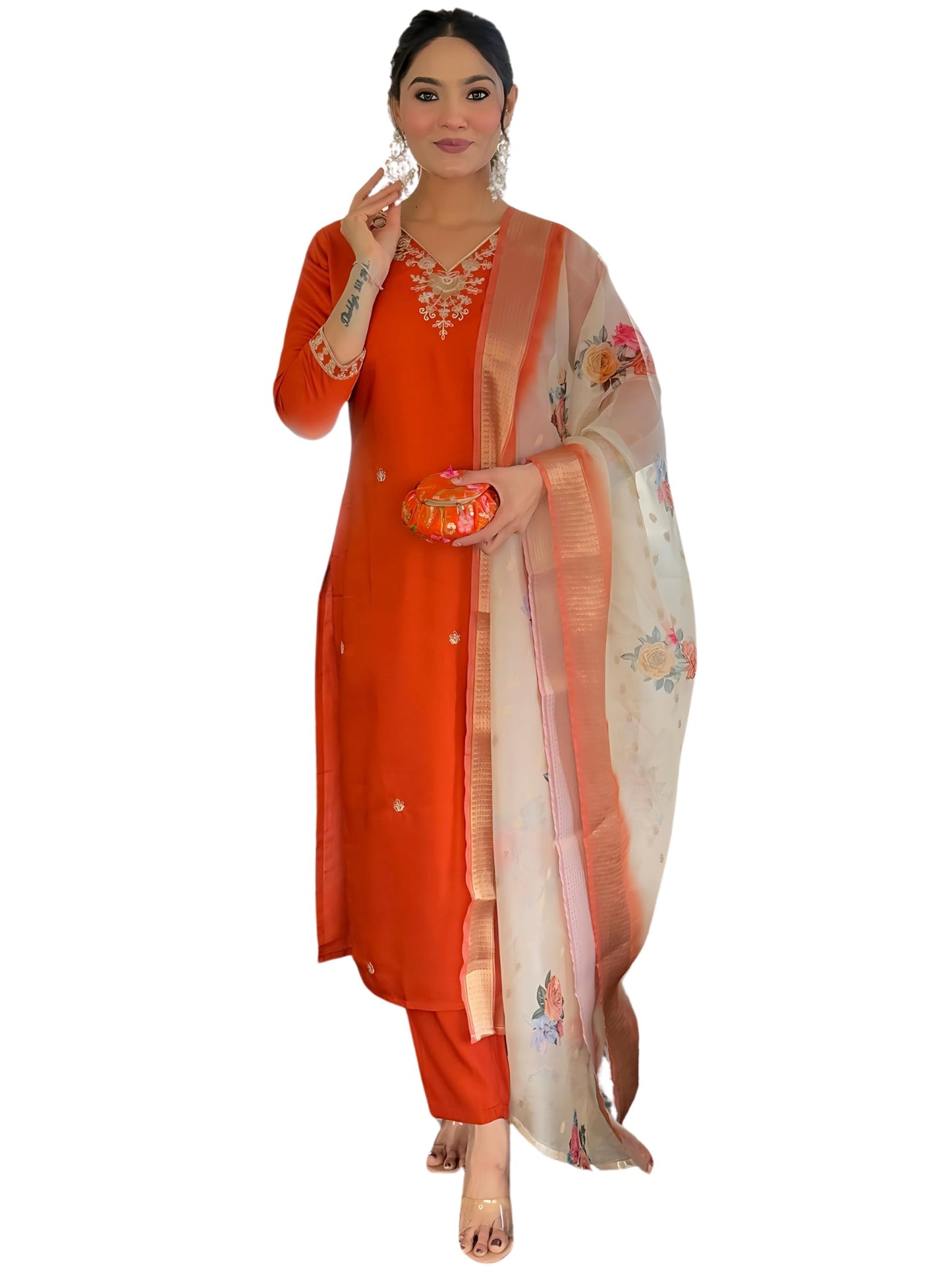 Naixa WomenS Rust Bsy Viscose Embroidered Straight Kurta With Bsy Viscose Pant And Organza Jacquard With Digital Print Dupatta