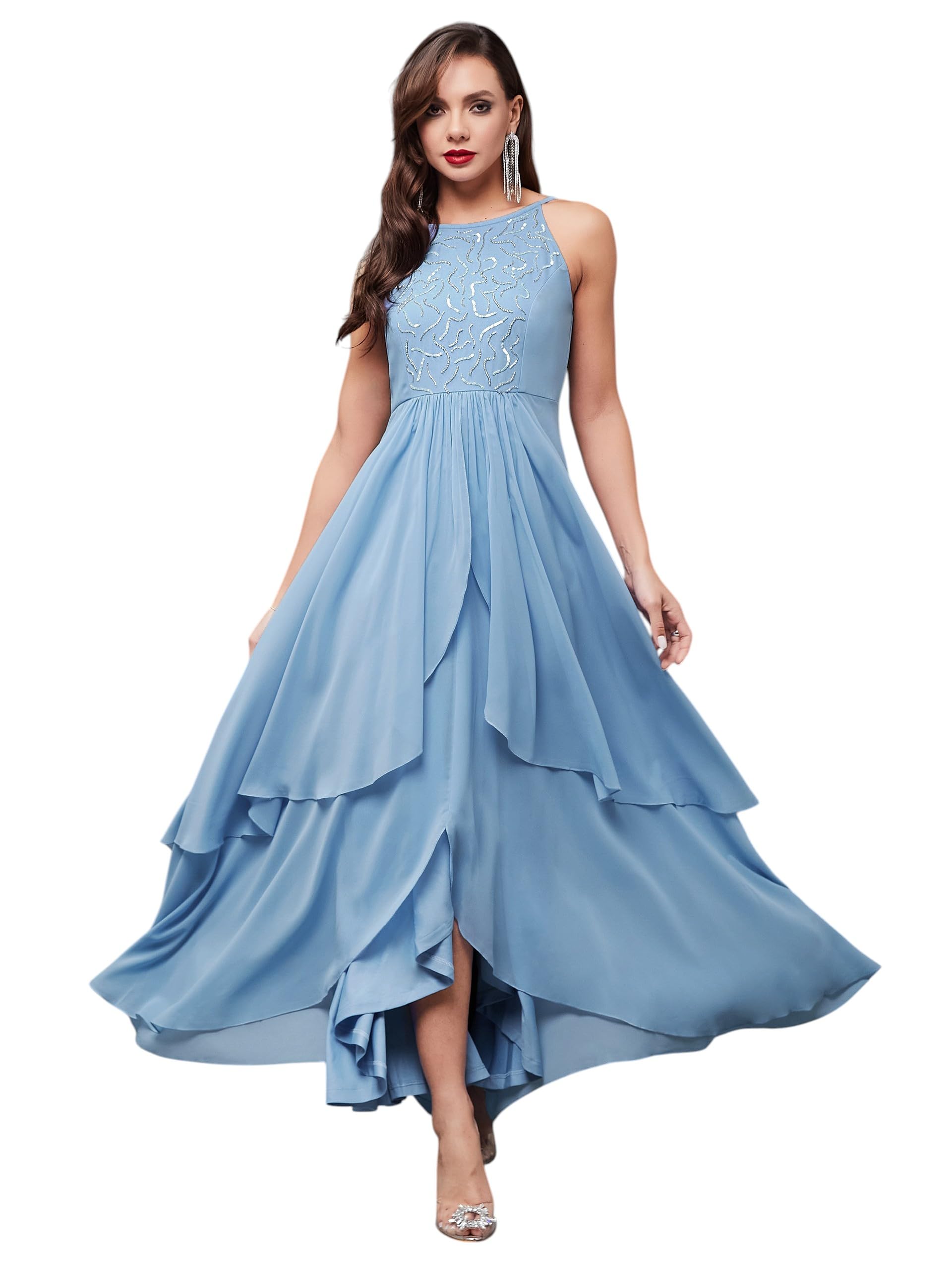 Miss Chase Womens Powder Halter-Neck Sleeveless Embroidered Layered Maxi Dress (MCSS25D91-88-167-04, Powder Blue, M)