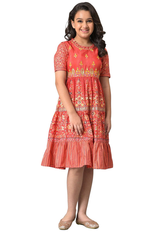 Aurelia Girls Viscose Fit and Flare Knee-Length Casual Dress (22AUG10257A-506136_Red