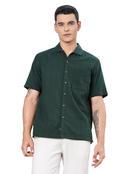 Thomas Scott Mens | Stripes | Seer Sucker Fabric | Spread Collar | Half Sleeve | Casual | Shirts for Men Green