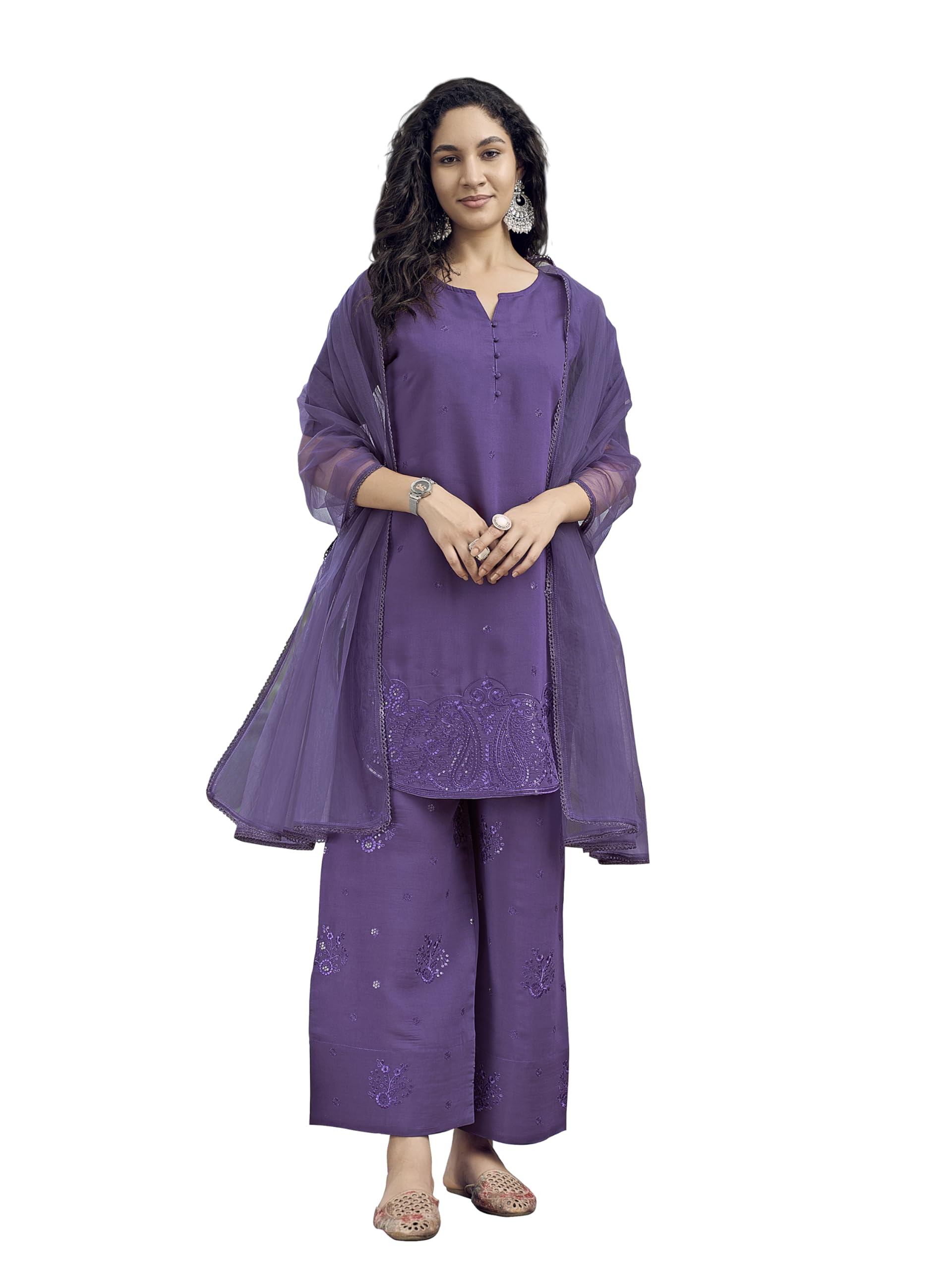 Womanista Womens Silk Blend Solid Regular Curved Kurta with Pant & Dupatta (Kurtaset_1435_Purple