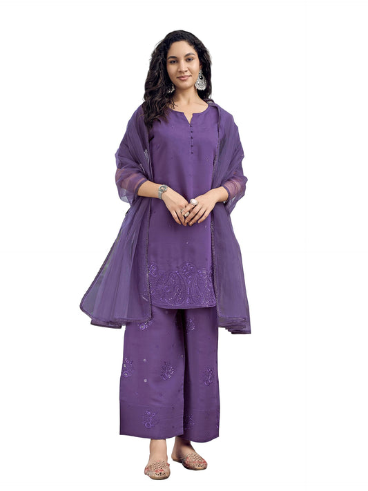 Womanista Womens Silk Blend Solid Regular Curved Kurta with Pant & Dupatta (Kurtaset_1435_Purple