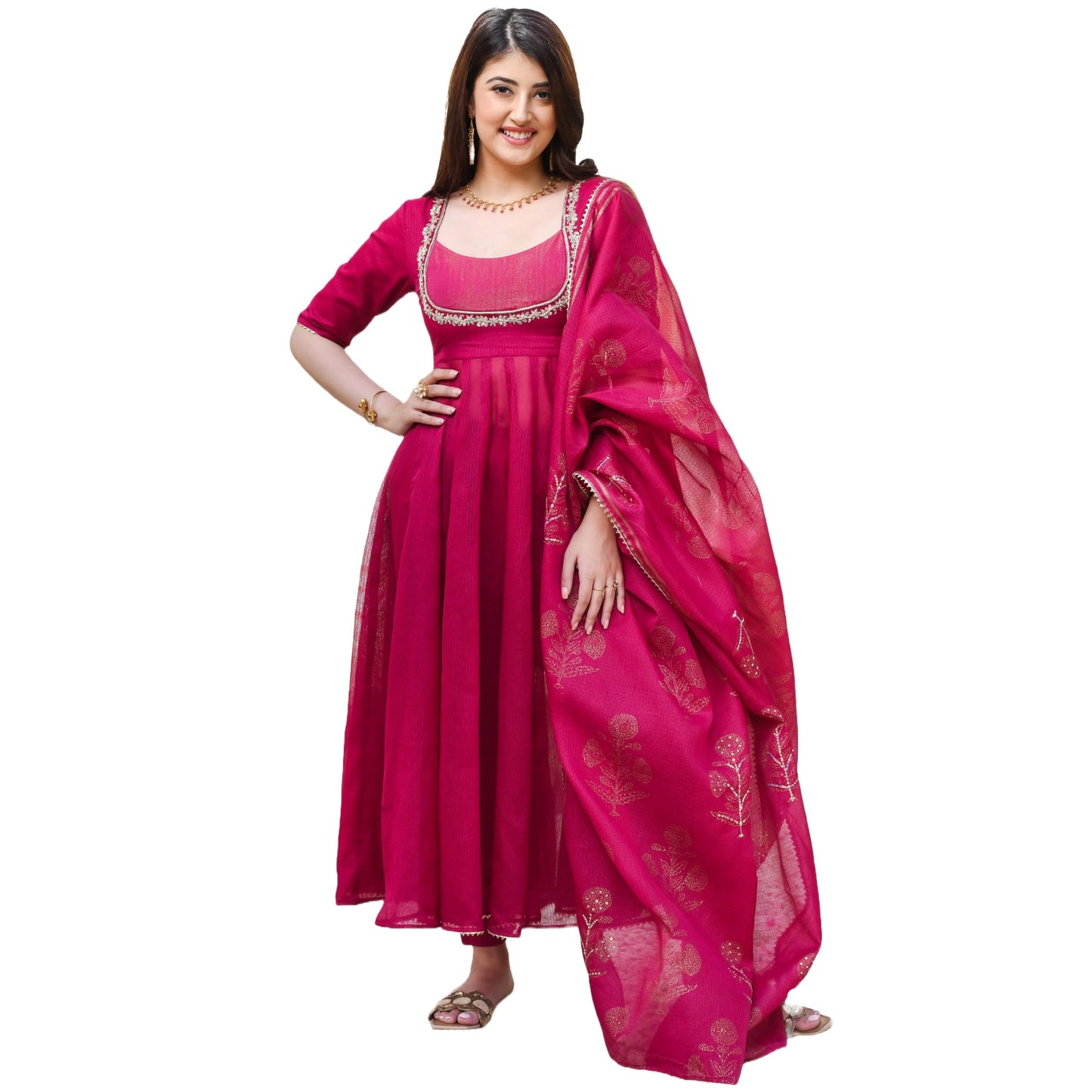 ANNI DESIGNER Anarkali Women s Embroidered Viscose Kurta with Trousers and Dupatta, Pink, Small