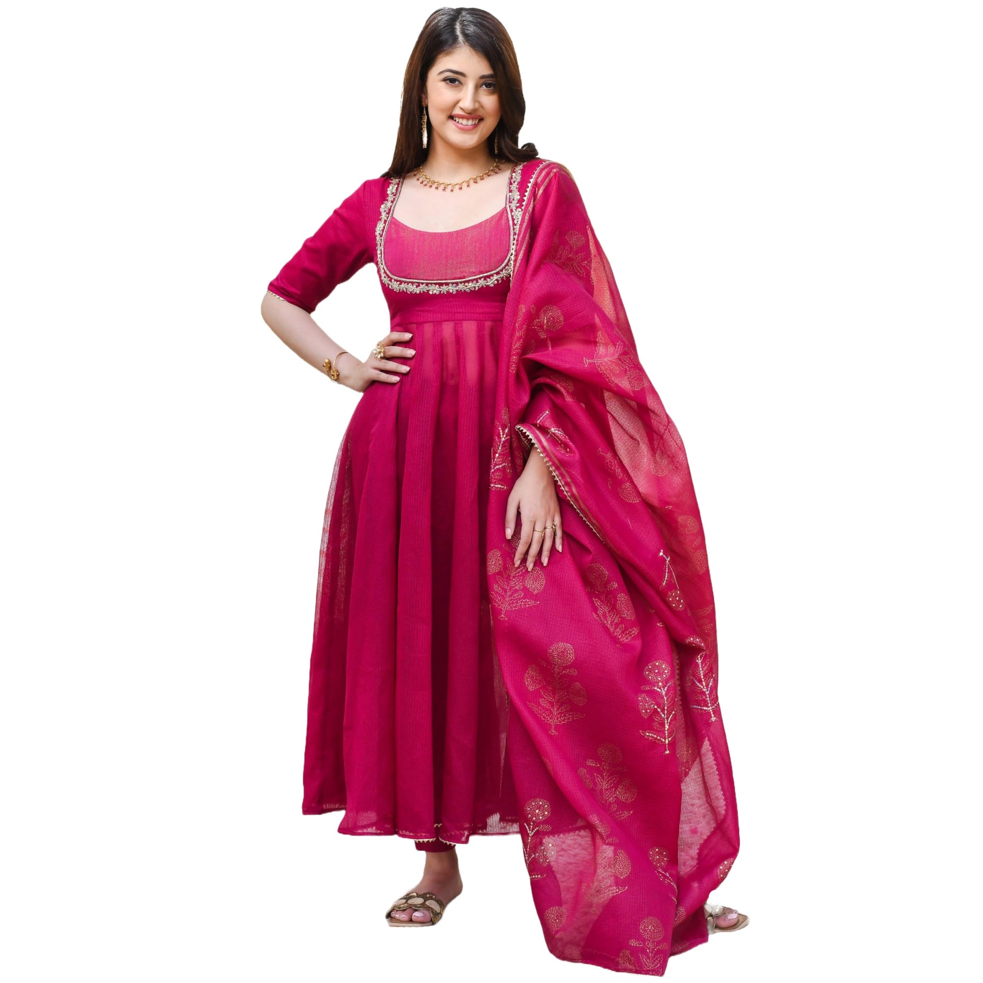 ANNI DESIGNER Anarkali Women s Embroidered Viscose Kurta with Trousers and Dupatta, Pink, Small