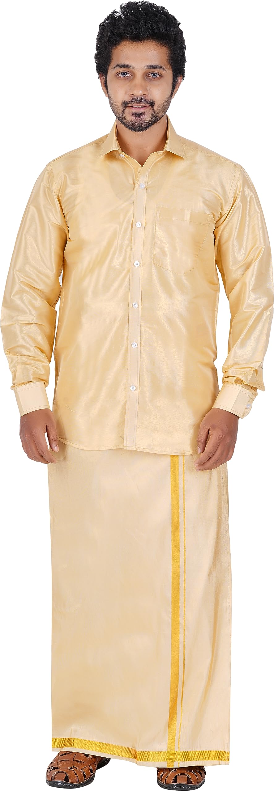 PRAKASAM COTTON-Mens Art Silk Tissue Wedding Set/Art Silk Tissue 8 Mulam (8-Yard) Dhoti and Stitched Full Sleeve Shirt