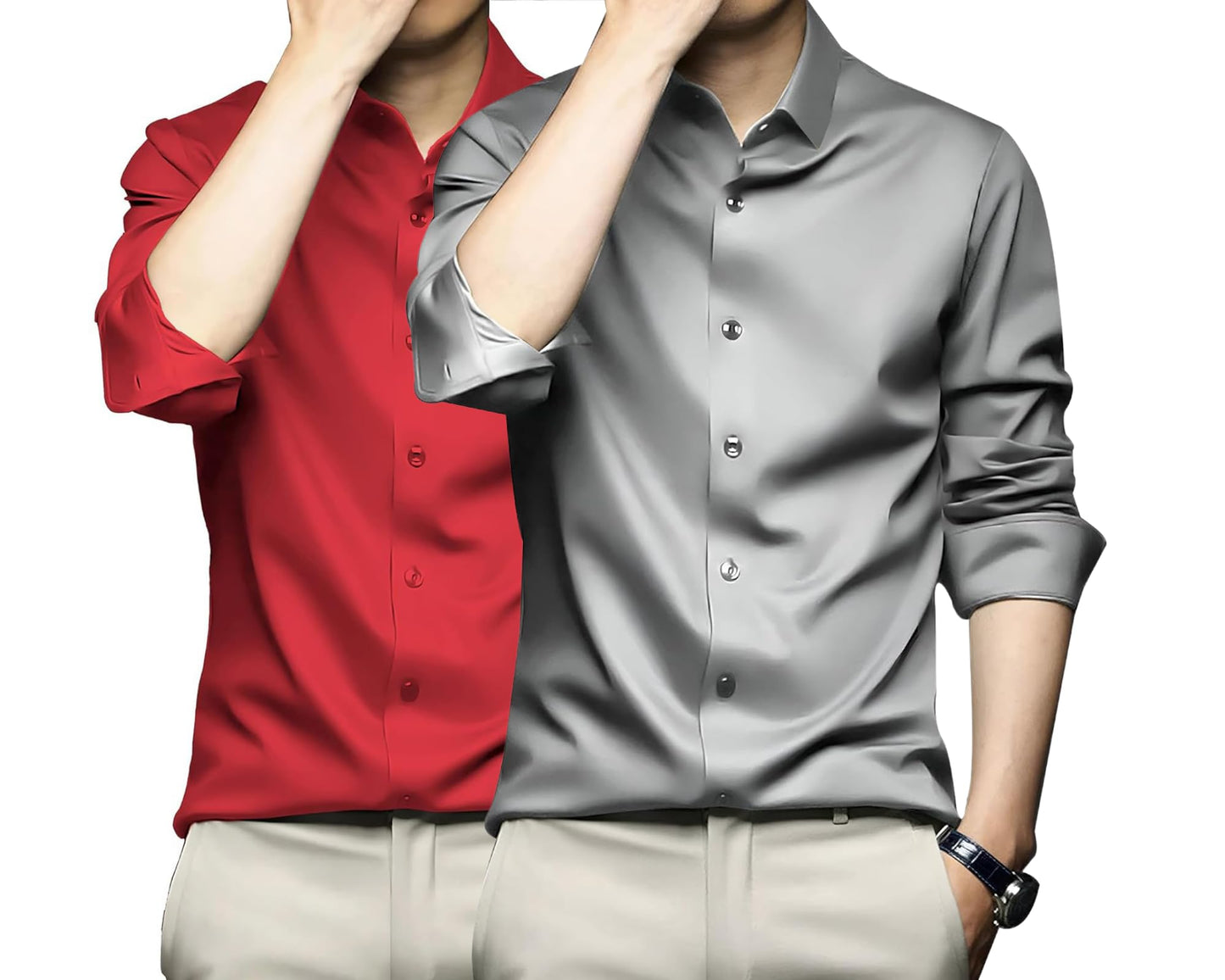 Deelmo Combo Of MenS Stylish Solid Satin Casual Shirt For Men Full Sleeves| Poly Satin Silk Shirt Pack Of 2 Red-Silver