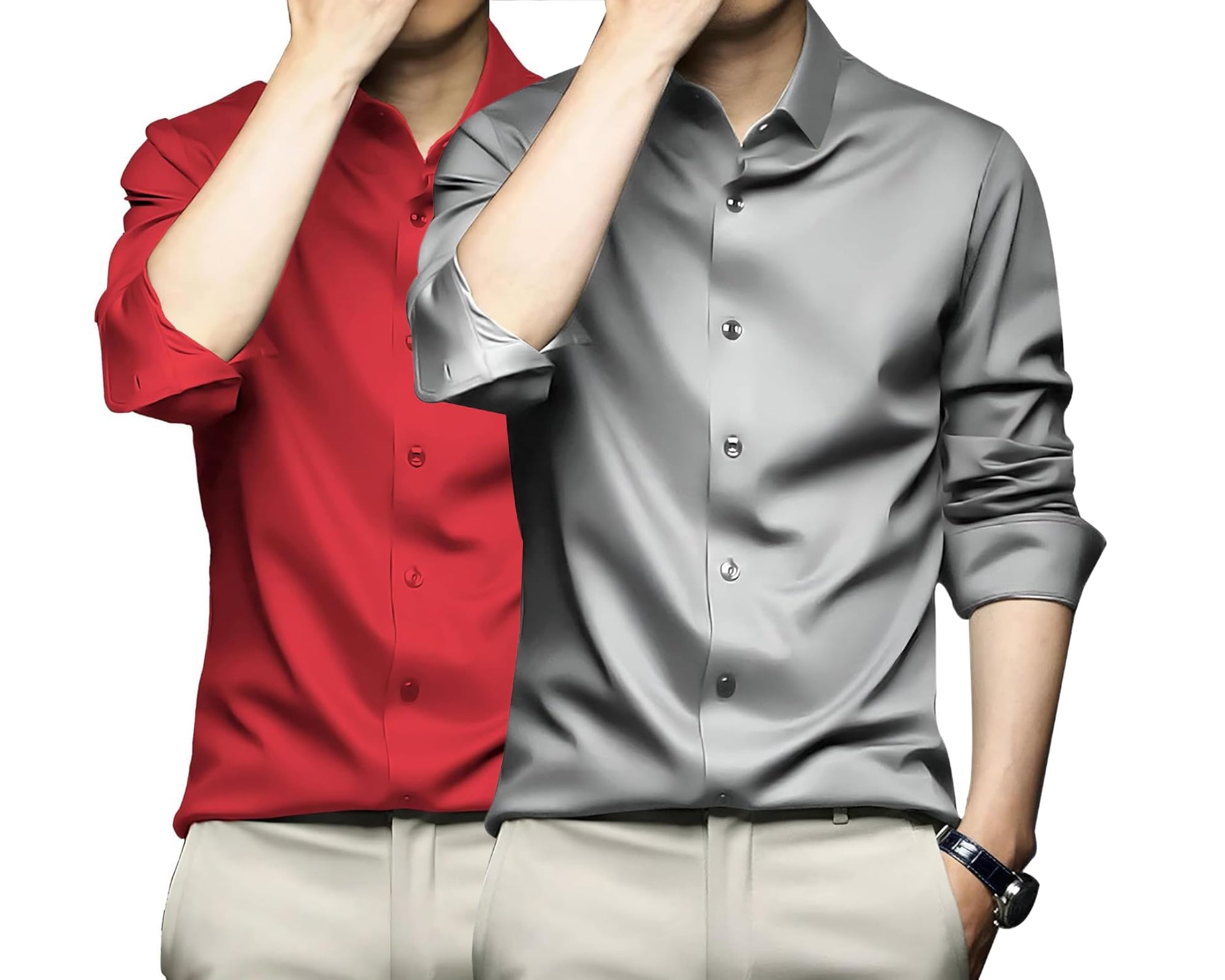 Deelmo Combo Of MenS Stylish Solid Satin Casual Shirt For Men Full Sleeves| Poly Satin Silk Shirt Pack Of 2 Red-Silver