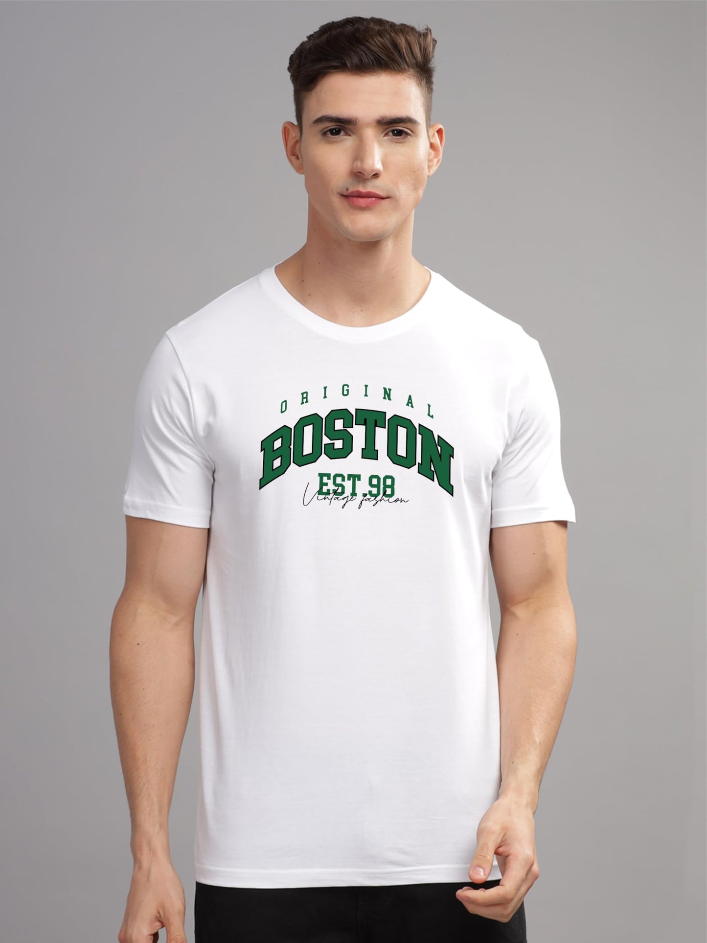 ADRO Mens Printed T Shirt - Premium Cotton Graphic Printed Tshirt - White T-Shirt - RN24-BOST-WH
