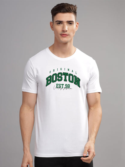 ADRO Mens Printed T Shirt - Premium Cotton Graphic Printed Tshirt - White T-Shirt - RN24-BOST-WH