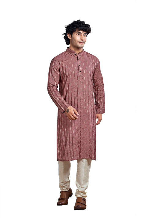 Vardha MenS Viscose Woven Jacquard Stitched Kurta, Pink Linear Striped & Diamond Jacquard Kurtas For Men, Mandarin Collar, Anti