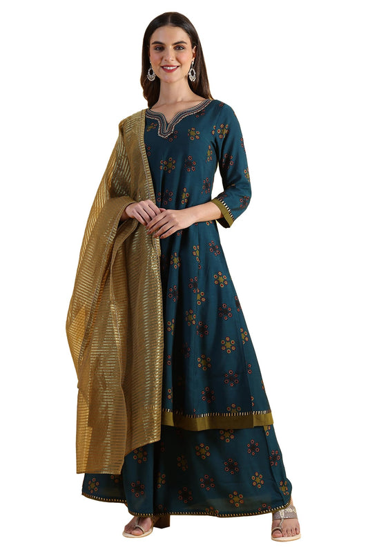 W for Woman Printed Sequins Flared Kurta & Flared Pants with Dupatta Set