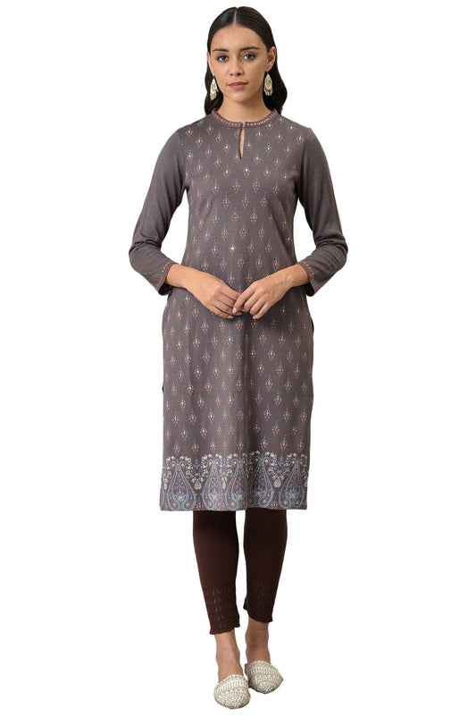 W for Woman Purple Paisley Printed Winter Kurta