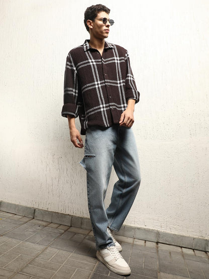 Hubberholme Men Summer Cotton Spread Collar Long Sleeves Oversized Casual Shirt 29 Brown