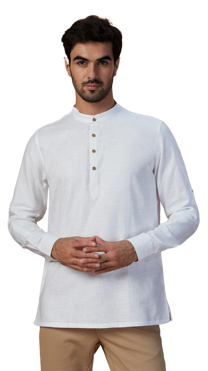 Manyavar Mens Short Kurta Only, Ethnic Short Kurta For Men, Full Sleeves Mandarin Collar Self Design Blended Cotton Short Kurta